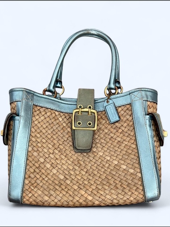 Handbags - Woven Tote with Metallic Blue Trim and Center Buckle